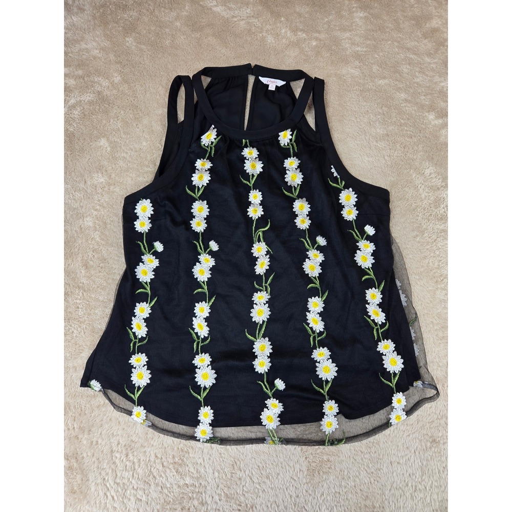 Candies Womens XL Black Daisy Embroidered Mesh Overlay Halter Top Sleeveless
